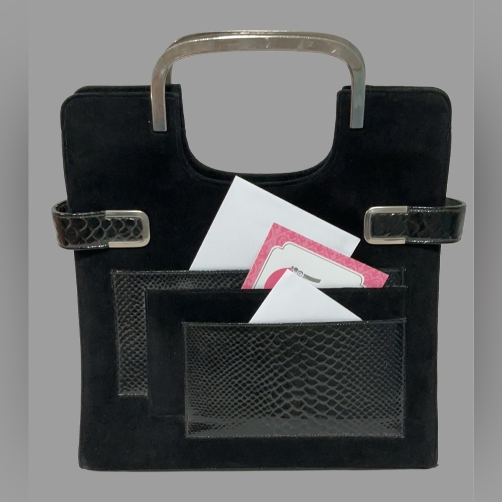 BLOCK Vintage Black Suede and Reptile Skin Frame Handbag with Grab Top Handles - Picture 2 of 10